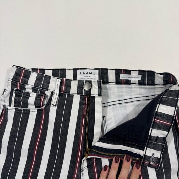 FRAME Le Sylvie Slender Straight Stripe Jeans 28 Black White Cherry Red Chic USA - Picture 9 of 15